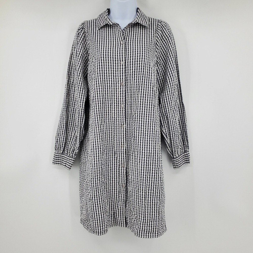 Pieces Navy Blue White Gingham Cotton Shirt Dress XS Pchila Long Sleeve Preppy